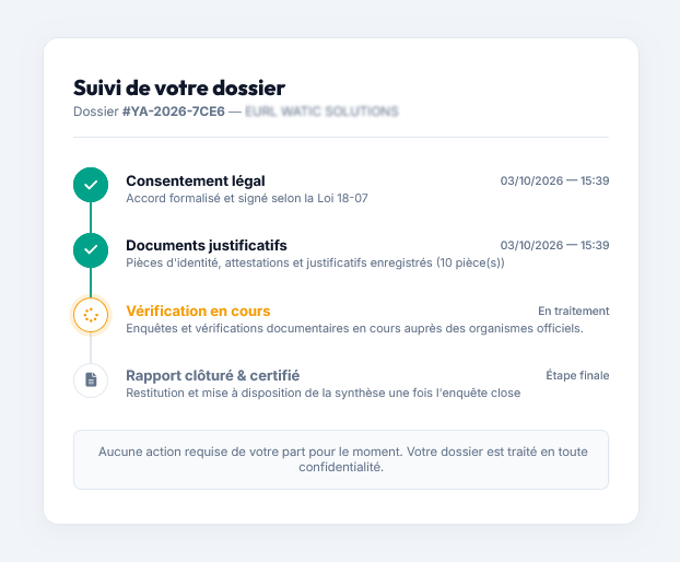 Chronologie en temps réel de l'état d'avancement du dossier de background check pour le candidat sur WATIC